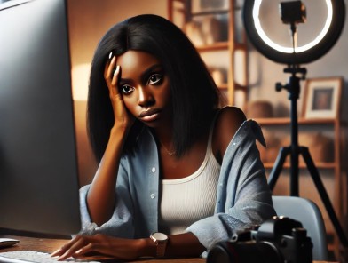 OnlyFans creator stressed from online work.