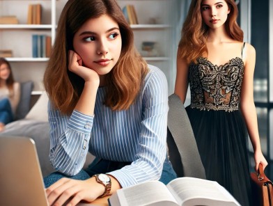 College escort studying in library.