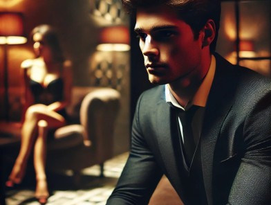 Male escort looking contemplative, navigating emotions.