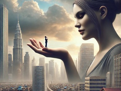 A giantess towering over a tiny person.