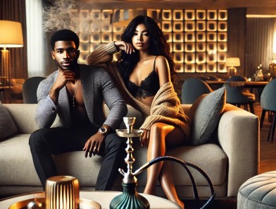 Escort and client sharing a relaxed, intimate moment.