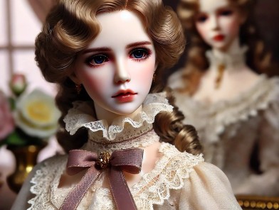 Person in doll-like makeup and attire.
