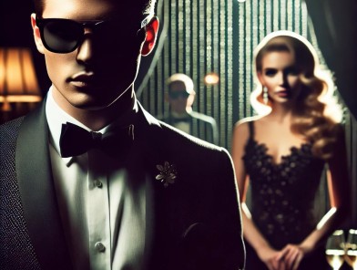 Celebrity walking discreetly with an escort.