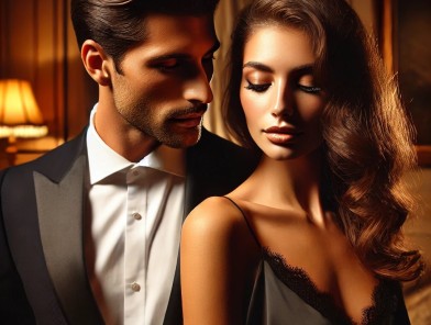 Confident eye contact creating attraction.