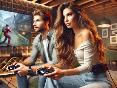 Man and woman gaming together, hobby escort