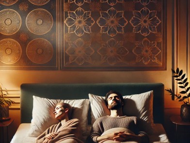 Couple engaging in intimate mutual exploration.