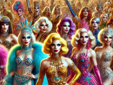 Drag queen performing with vibrant makeup.