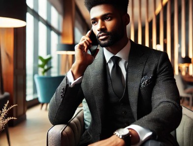 Escort and client discussing booking details.
