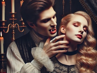 Vampire biting a partner’s neck seductively.