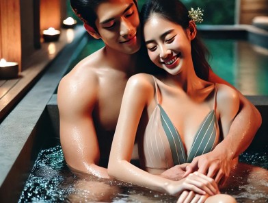 Couple embracing in sensual water setting.
