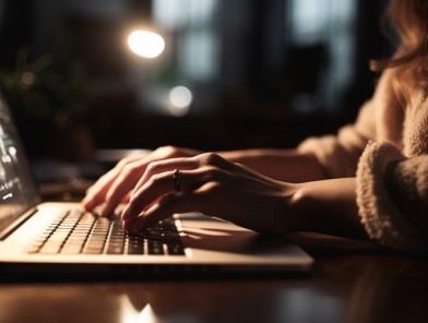 Woman typing email indoors, working on laptop, surfing the internet