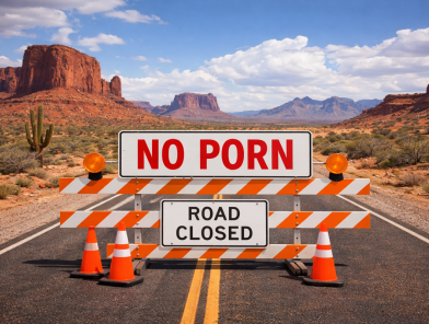 NO PORN roadblock on Arizona desert highway.