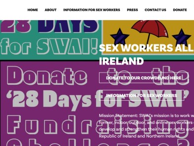 Sex workers and allies protest in Dublin for rights and SWAI funding, holding signs demanding protection and justice.