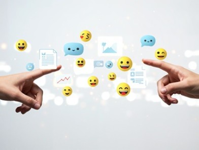 Escort-Ads.com Survey - Multiple hands pointing toward floating social media icons and emojis