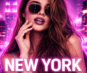 Stylish young woman wearing sunglasses with wavy hair, posing confidently against a neon-lit New York city background, representing premium companionship.