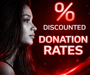 Promotional banner in bold red and black tones featuring a side-profile portrait of a young woman on the left and glowing red text on the right that reads “% DISCOUNTED DONATION RATES,” with dramatic lighting and dynamic red light streak effects.